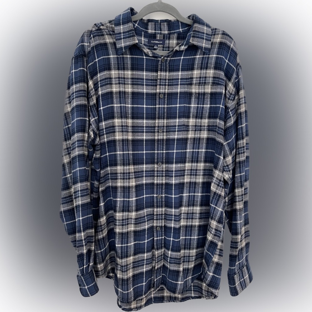 CROFT BARROW Plaid FLANNEL Shirt Indigo Blue Gray Check Long Sleeve Men